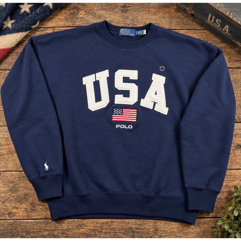 NWOT Polo Ralph Lauren Vintage Fit USA Flag Fleece Sweatshirt Mens L Navy